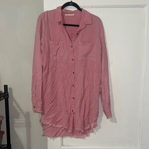 Pink Button-Up Tunic with Frayed Hem